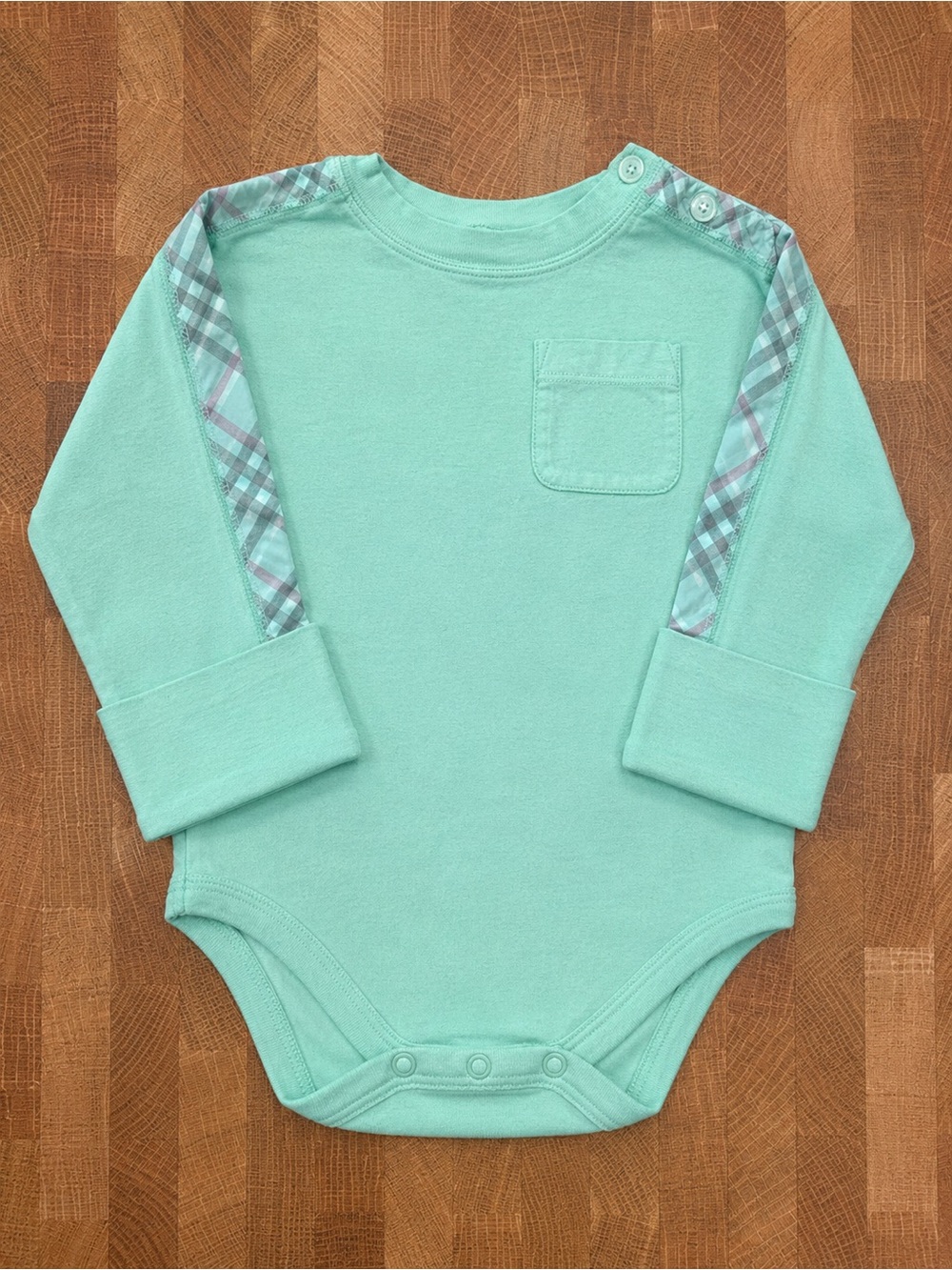 Burberry Baby Mint Green Long Sleeve Bodysuit Nova Check Trim